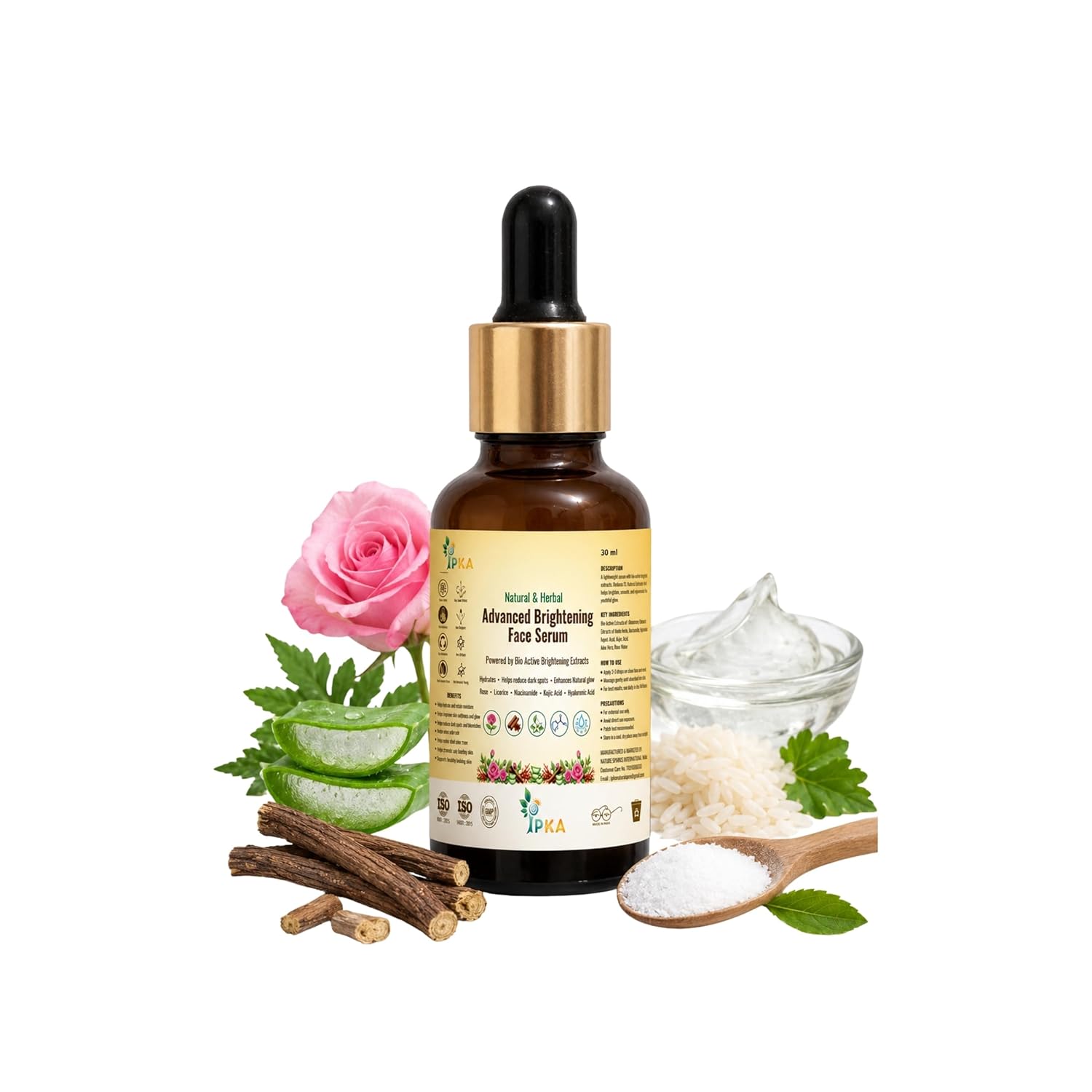 Herbal & Natural Advanced Brightening Face Serum 30ml with Hyaluronic Acid, Niacinamide, Kojic Acid, Licorice, Rose Bio Active, Rice Water & Aloe Vera for Dark Spots, Pigmentation & Hydration